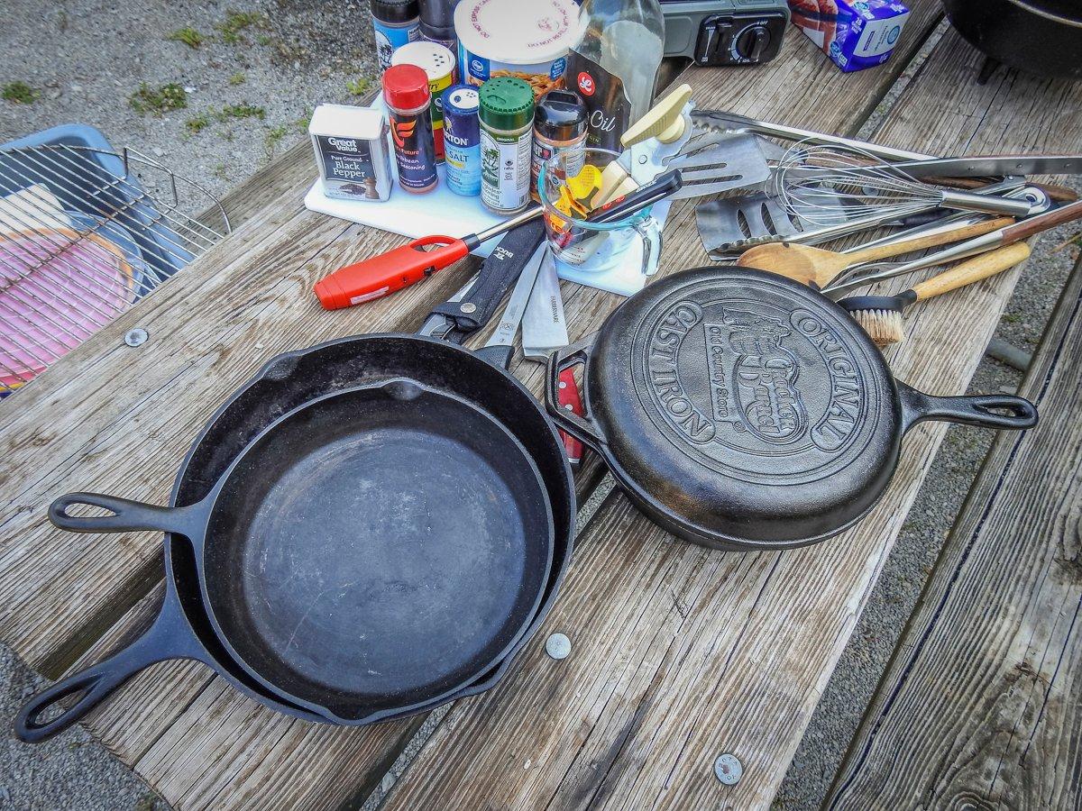 Cast iron skillets are perfect for camp cooking.