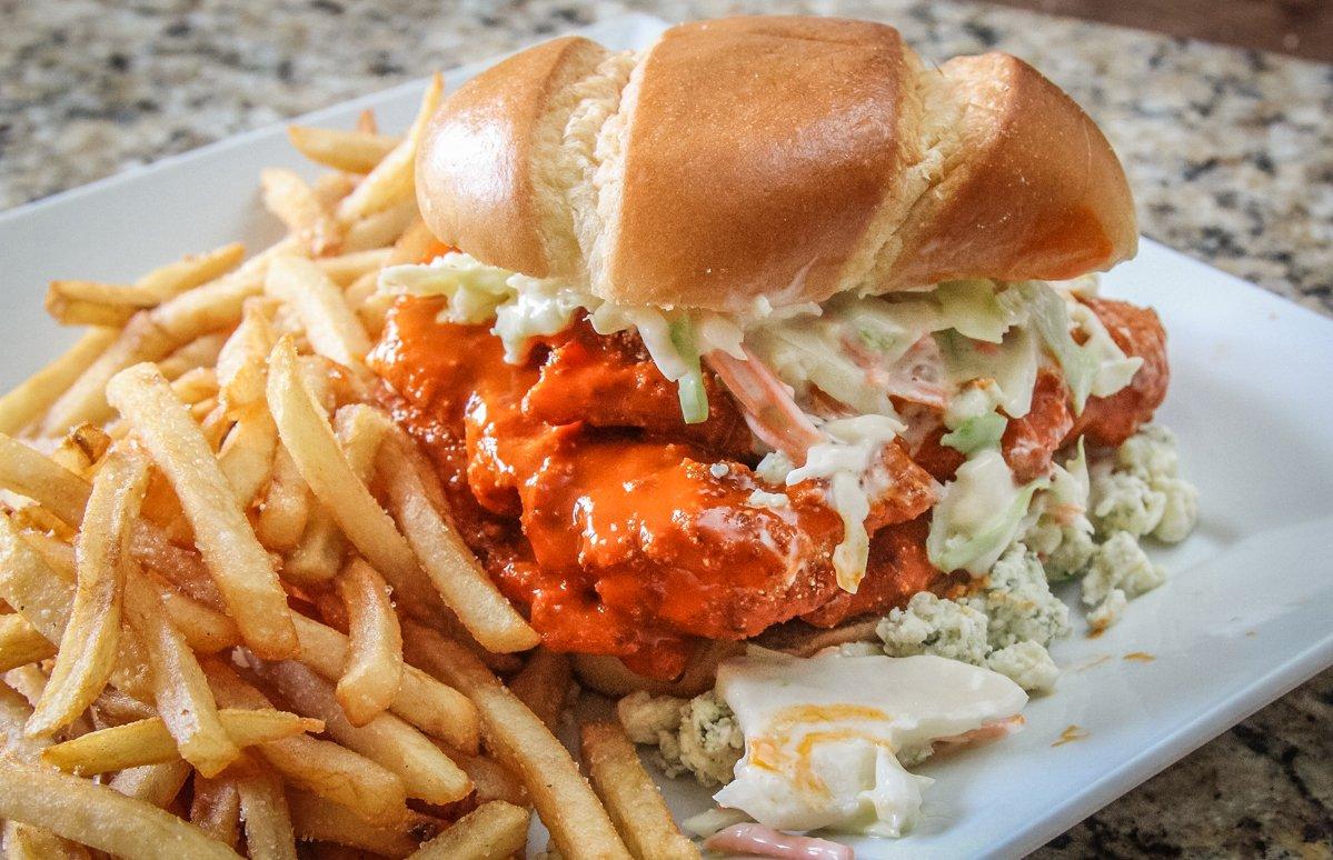 Crispy Buffalo-Style Catfish Sandwich with Slaw and Blue Cheese