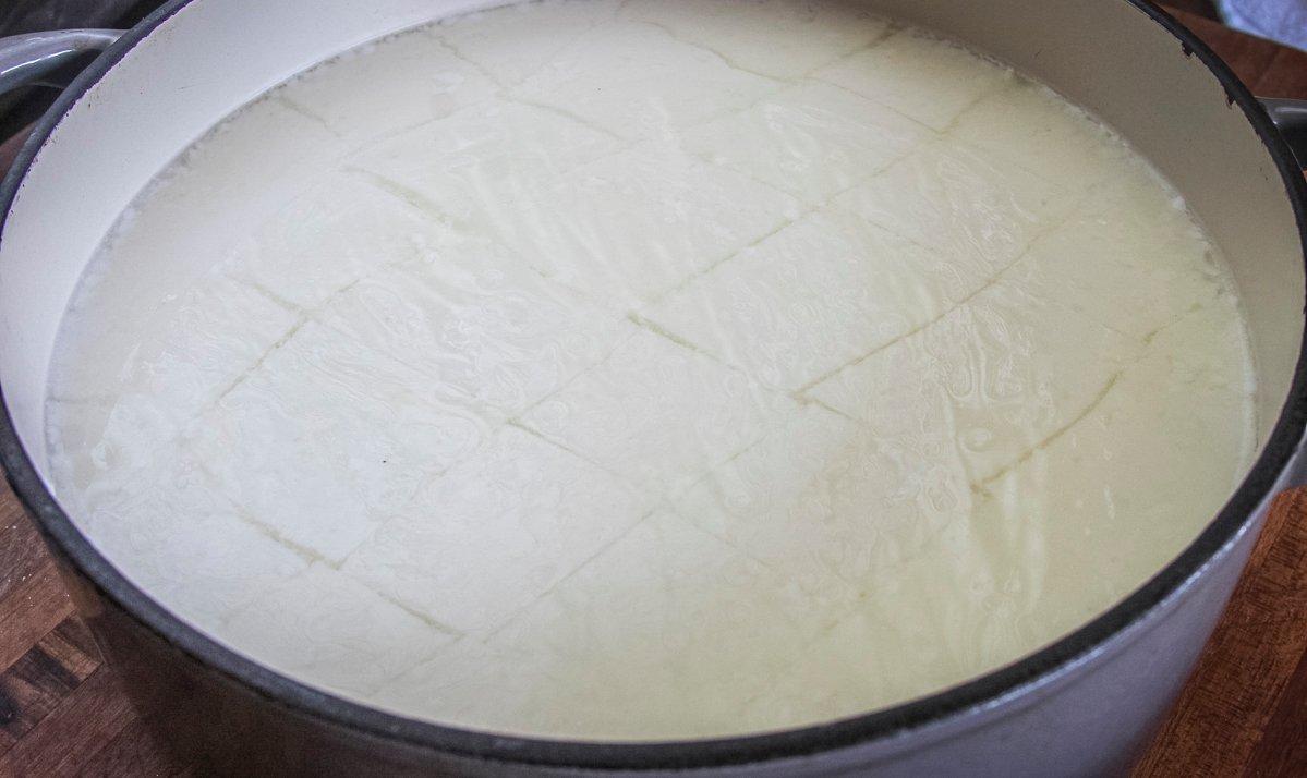 A thick layer of curd should separate from the whey.