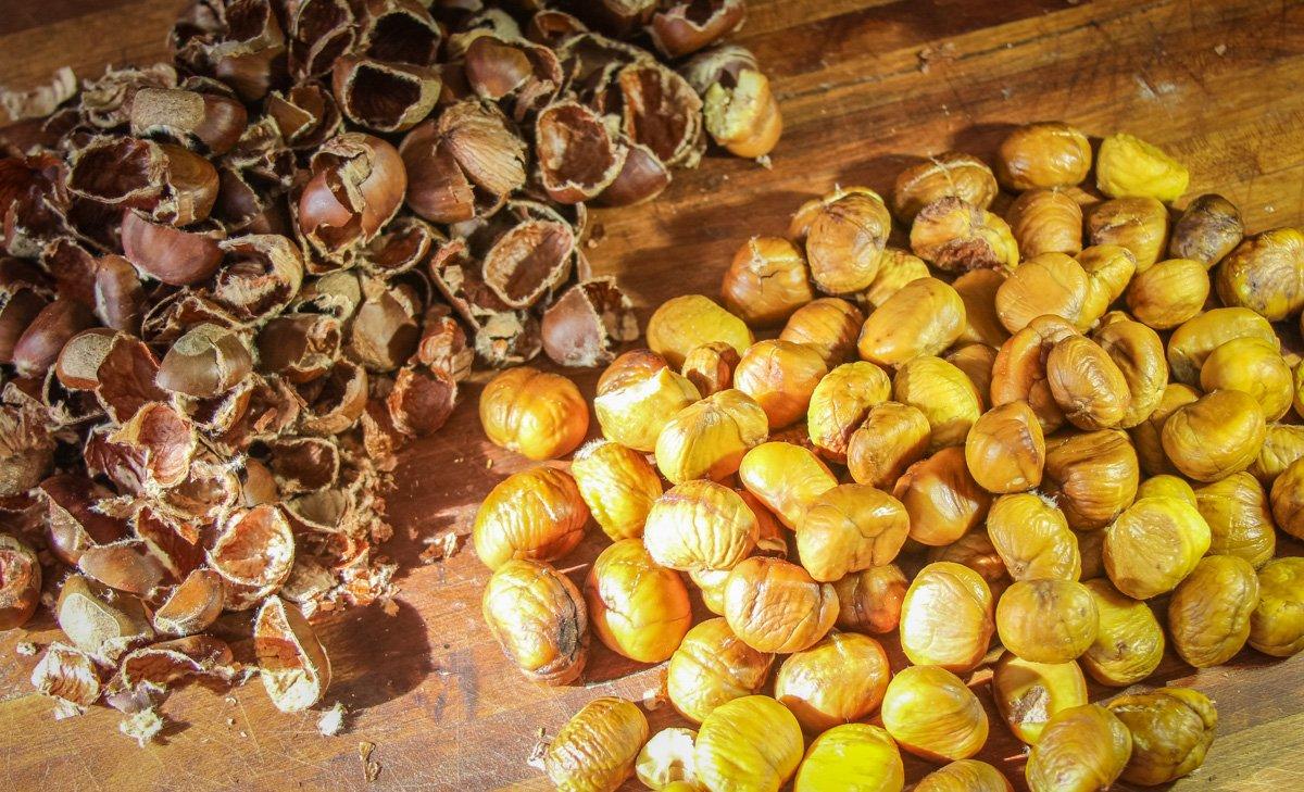 Roast and then peel the chestnuts.