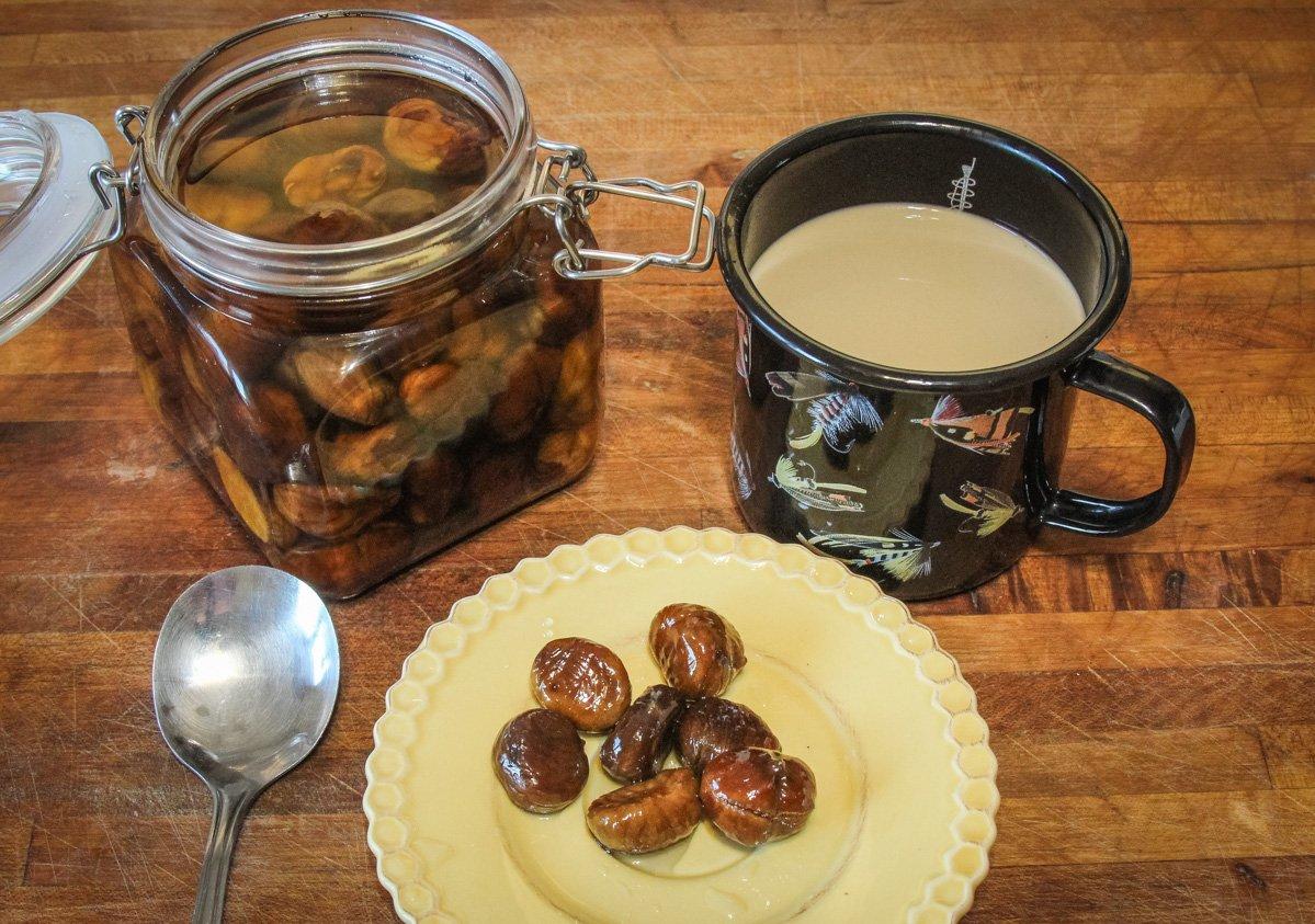 Store the candied chestnuts in syrup and serve over ice cream or for a morning snack with coffee.