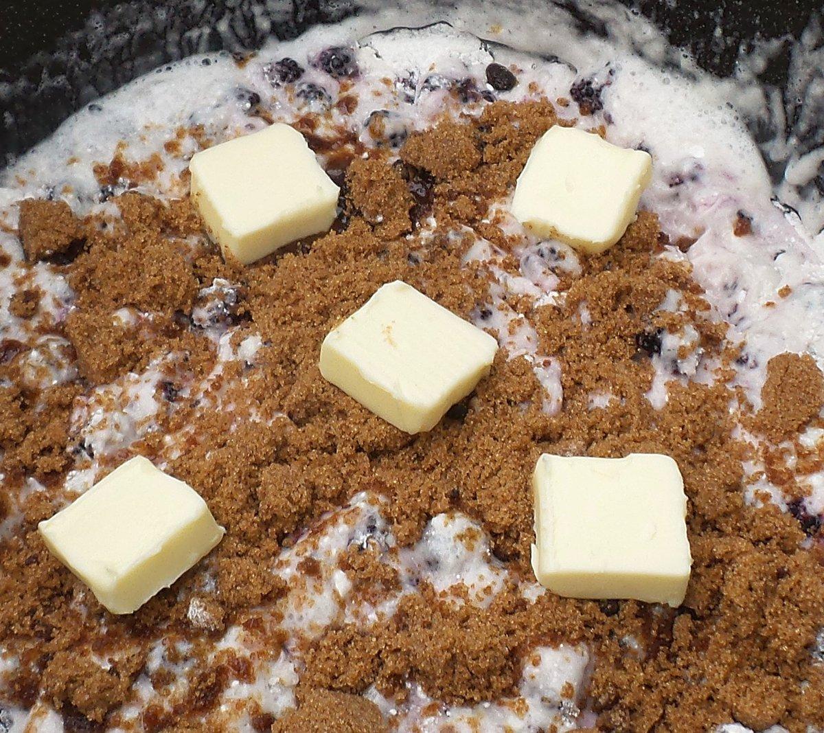 Simply add all the pre-measured ingredients to the Dutch oven, top with the cake mix, brown sugar and butter, then bake.