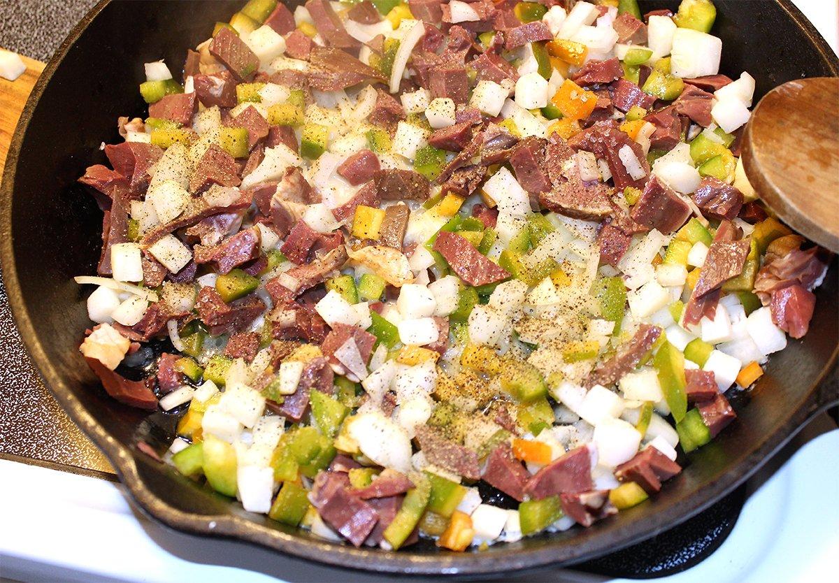 Fry the hash in a cast iron skillet to get a nice crust on the potatoes.