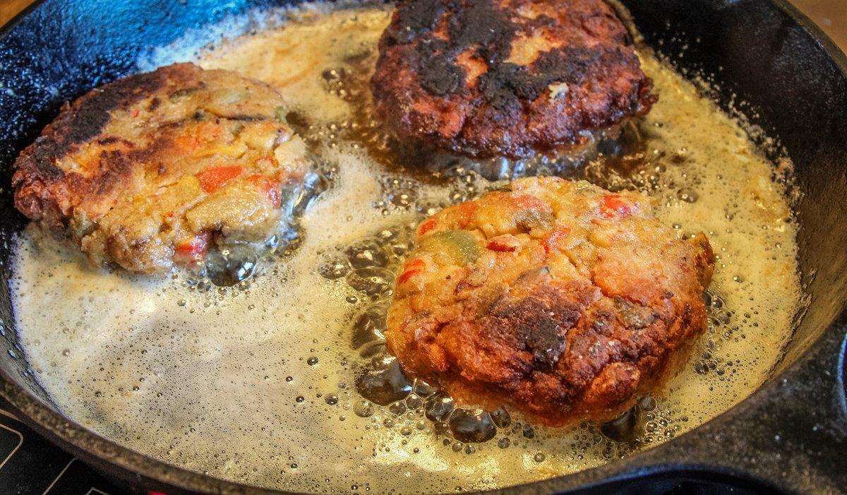 Fry the burgers to a crisp, golden brown.