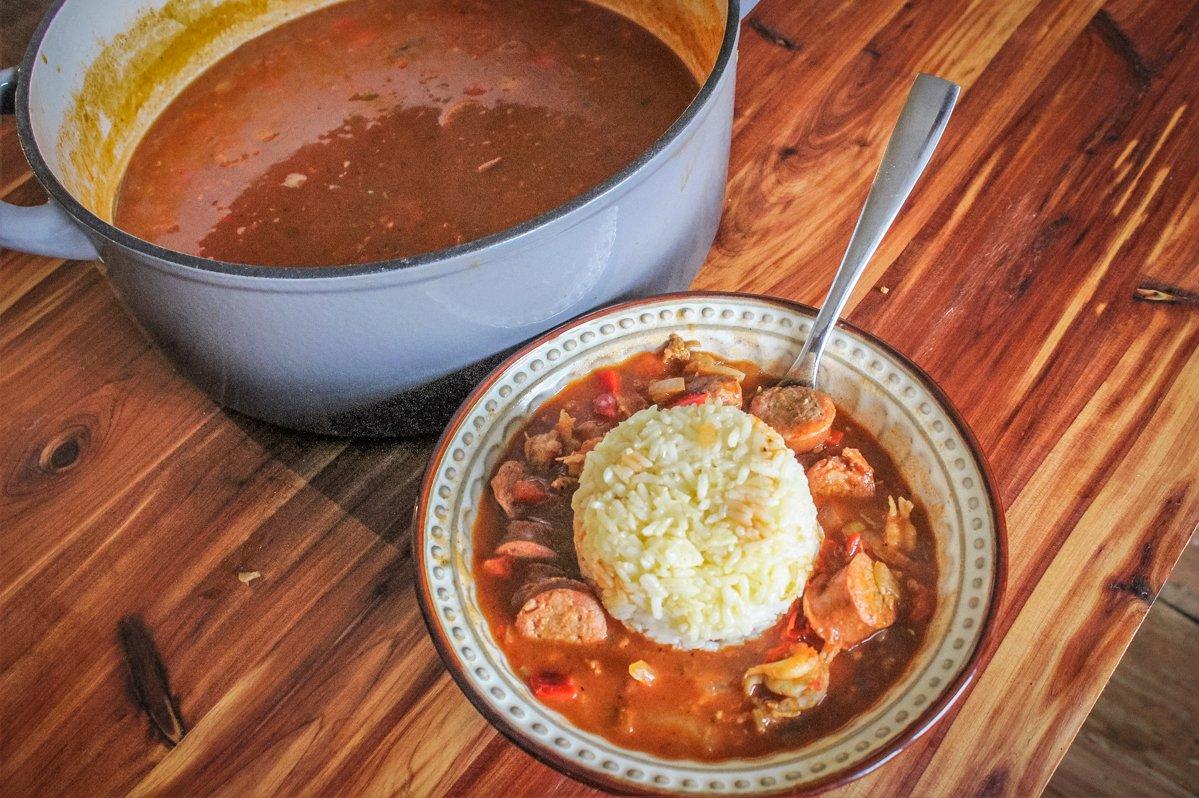 Etouffee is traditionally served over cooked white rice to add body to the dish.