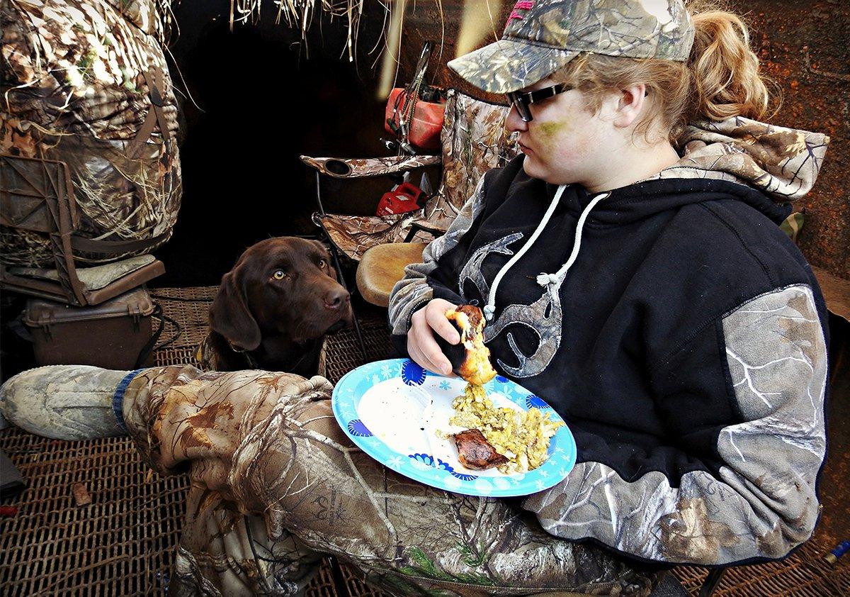 Who can resist the pleading eyes of a duck dog? Your hunting partner works hard, share a bite of breakfast with them.