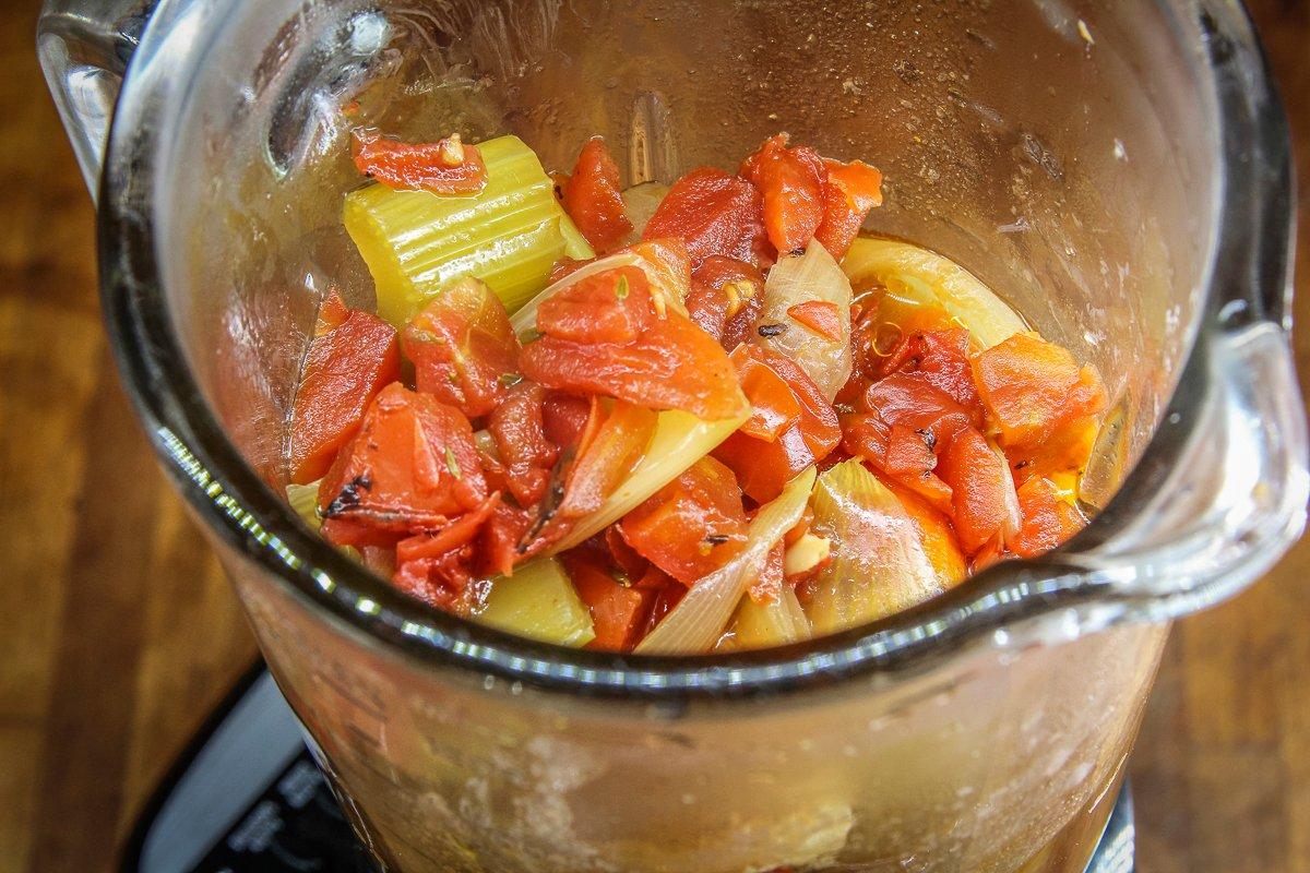 Blend the cooked vegetables with the broth to make a sauce.