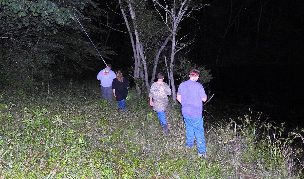 Move quietly along the bank and shine your light into the water to search for frogs.
