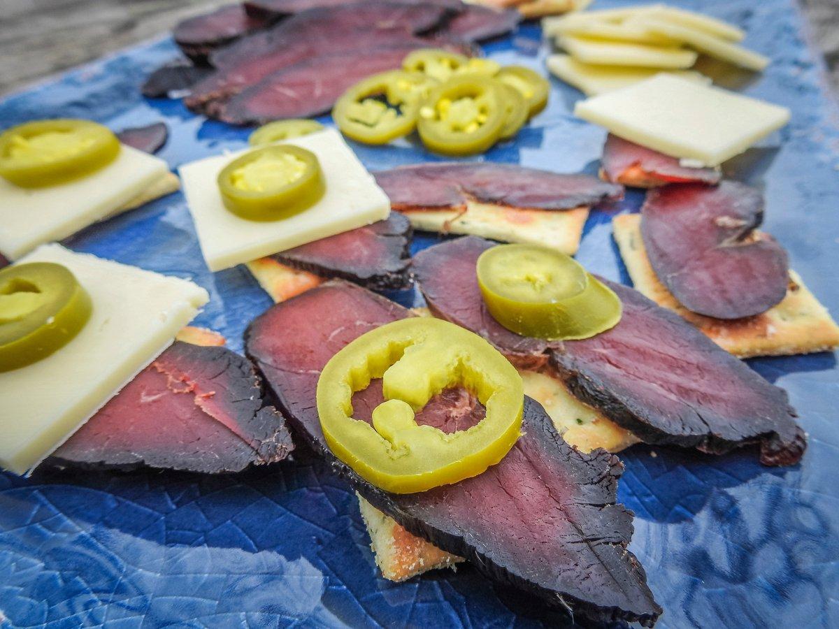 Serve the sliced goose breast on crackers. Top with jalapeno, cheese, or anything else you like.