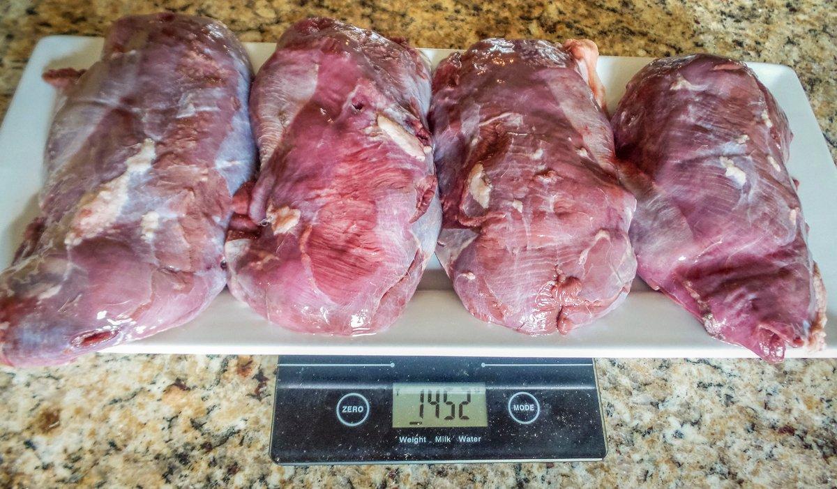 Weighing the goose breast in grams on a digital scale makes figuring the proper amount of cure easier.
