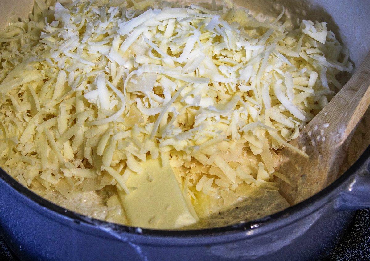 Stir in the cheese and butter once the grits have finished cooking.