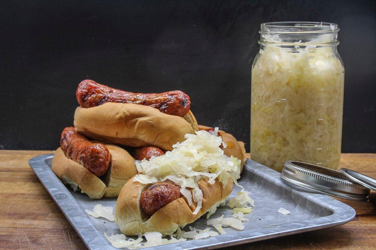 Homemade sauerkraut is the perfect topping for grilled venison brats.