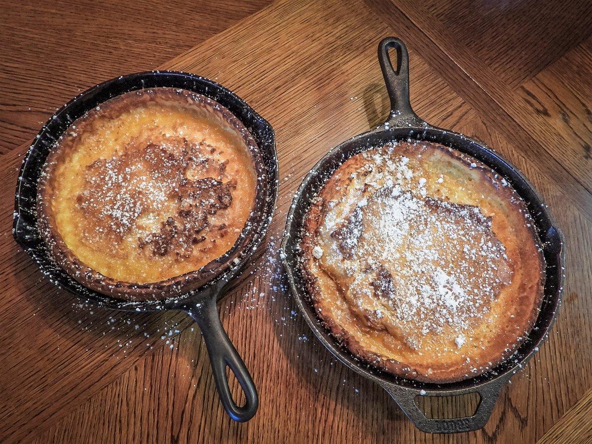 Sprinkle the pancakes with powdered sugar as soon as they come out of the oven.