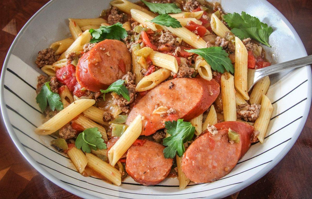 Add the pasta to the mixture and simmer for a few minutes before serving.