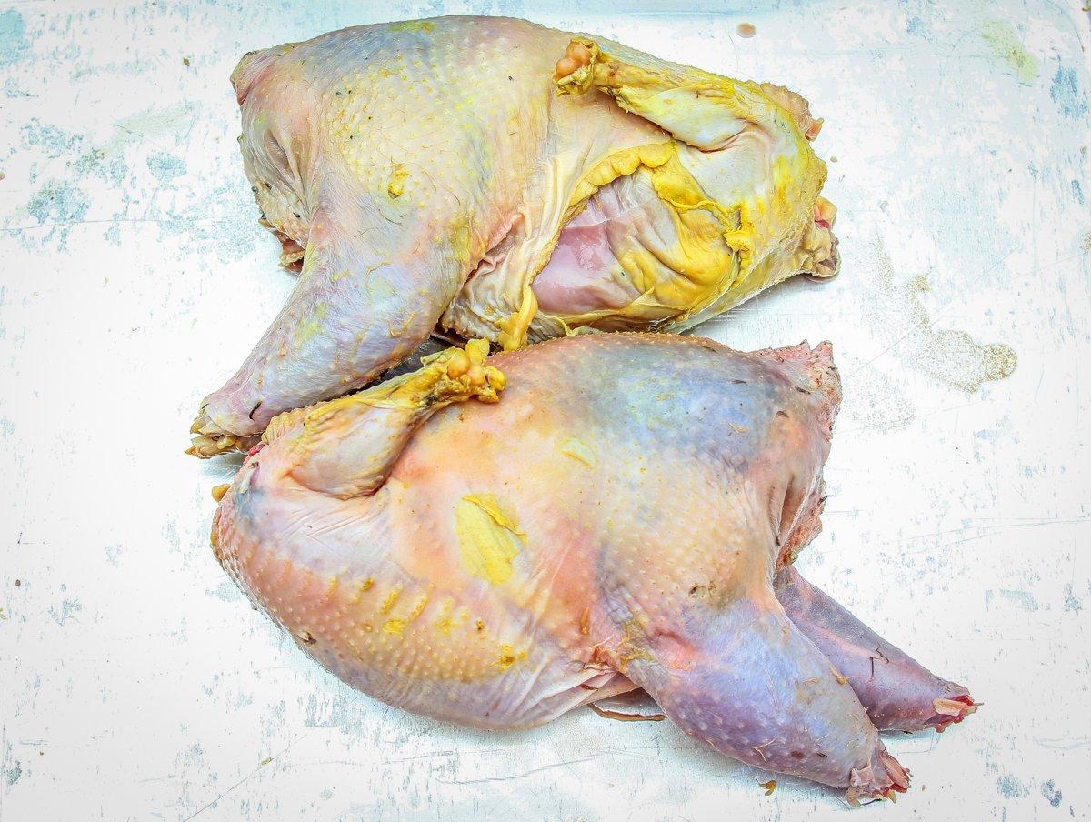 The skin and meat of the pheasant might be a bit green after the brine, but its all flavor.