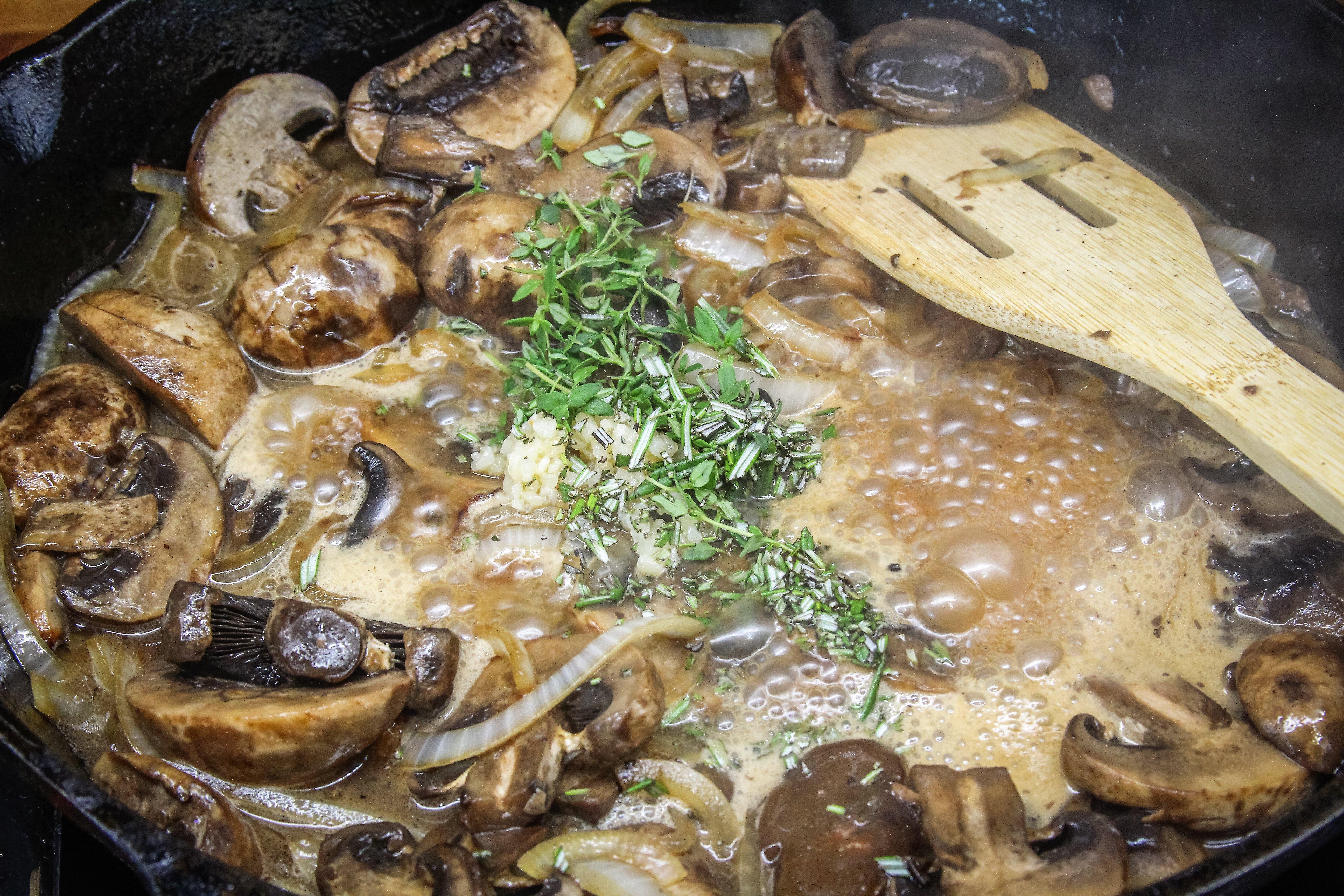 Brown the mushrooms and onions in the pan.