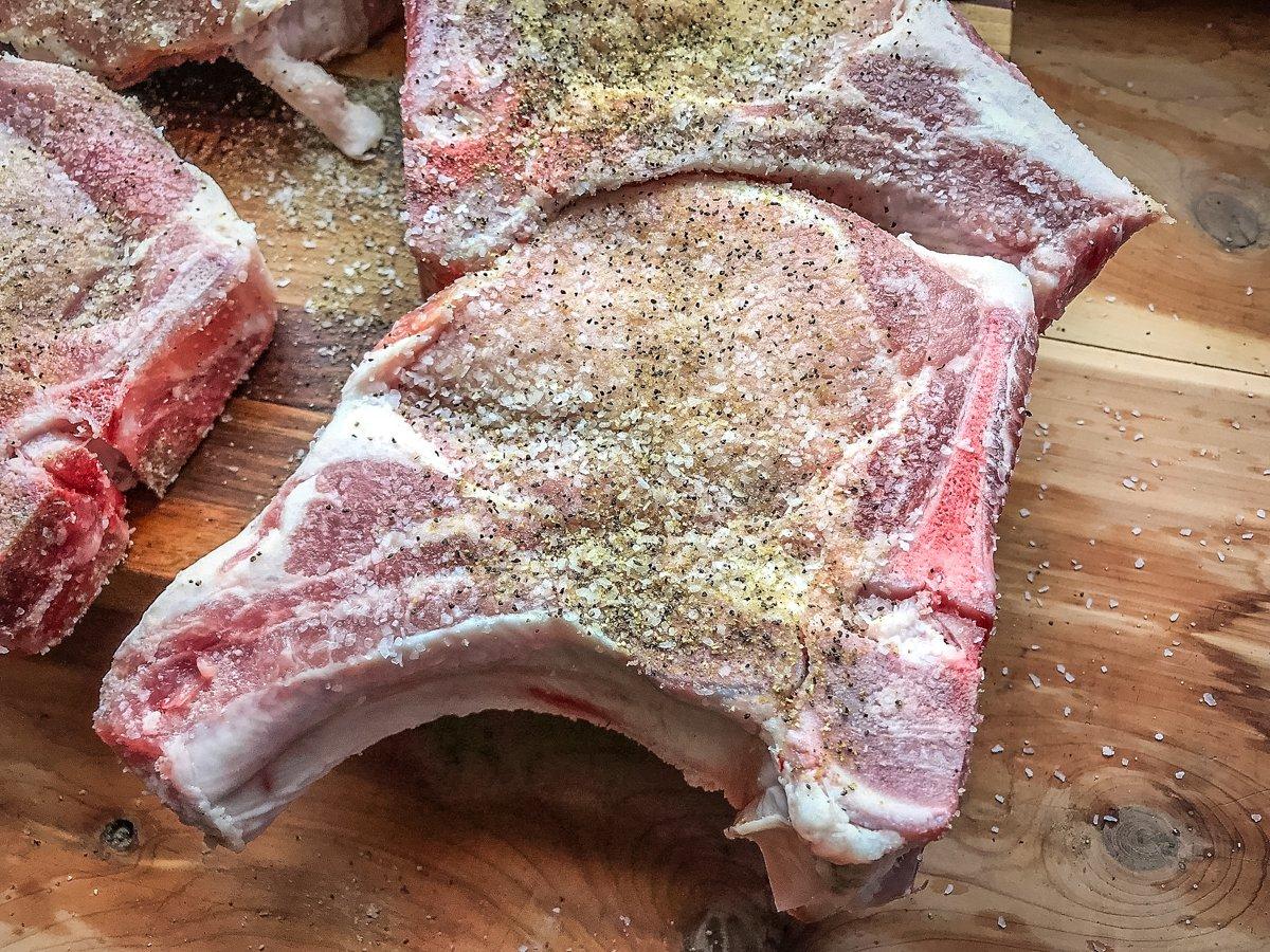 Thick cut chops work best for the recipe since they don't overcook before the sweet potatoes are finished.