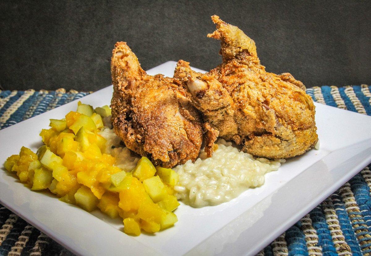 We like to serve the quail over a bed of creamy risotto with a blend of sauteed apples and butternut squash.