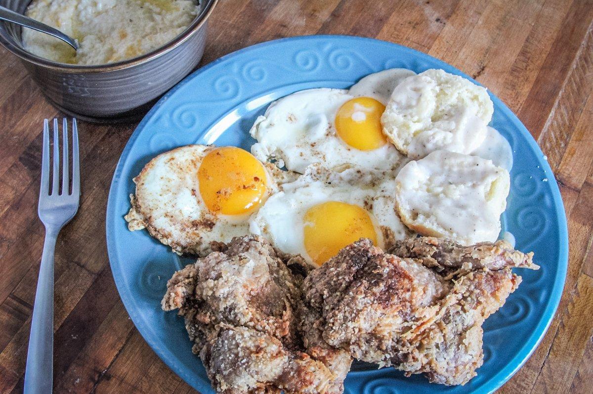 We serve the fried quail with soft fried eggs, homemade biscuits and pan gravy for a breakfast that will fill you up after a morning hunt.