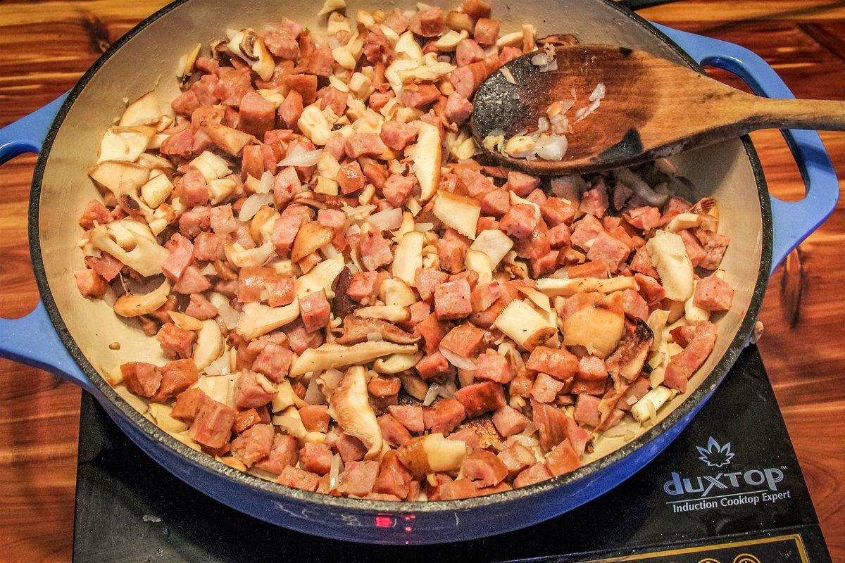 Prepare the stuffing in a large skillet.