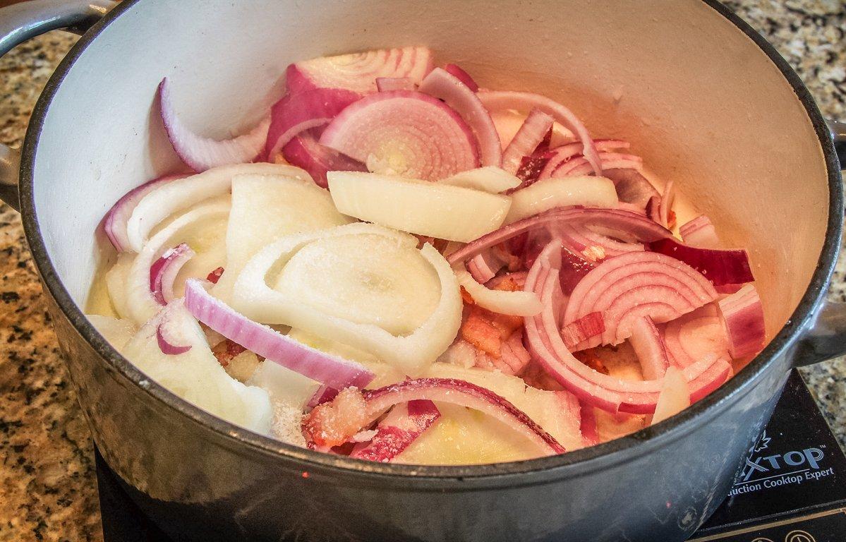 Saute the onions in the bacon grease.