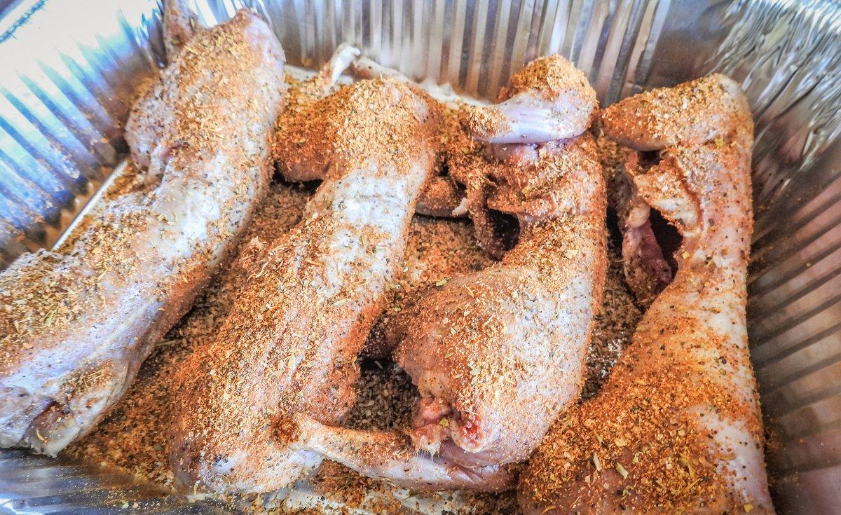 Season the squirrel with your favorite BBQ rub and place on a smoker at about 250 degrees.