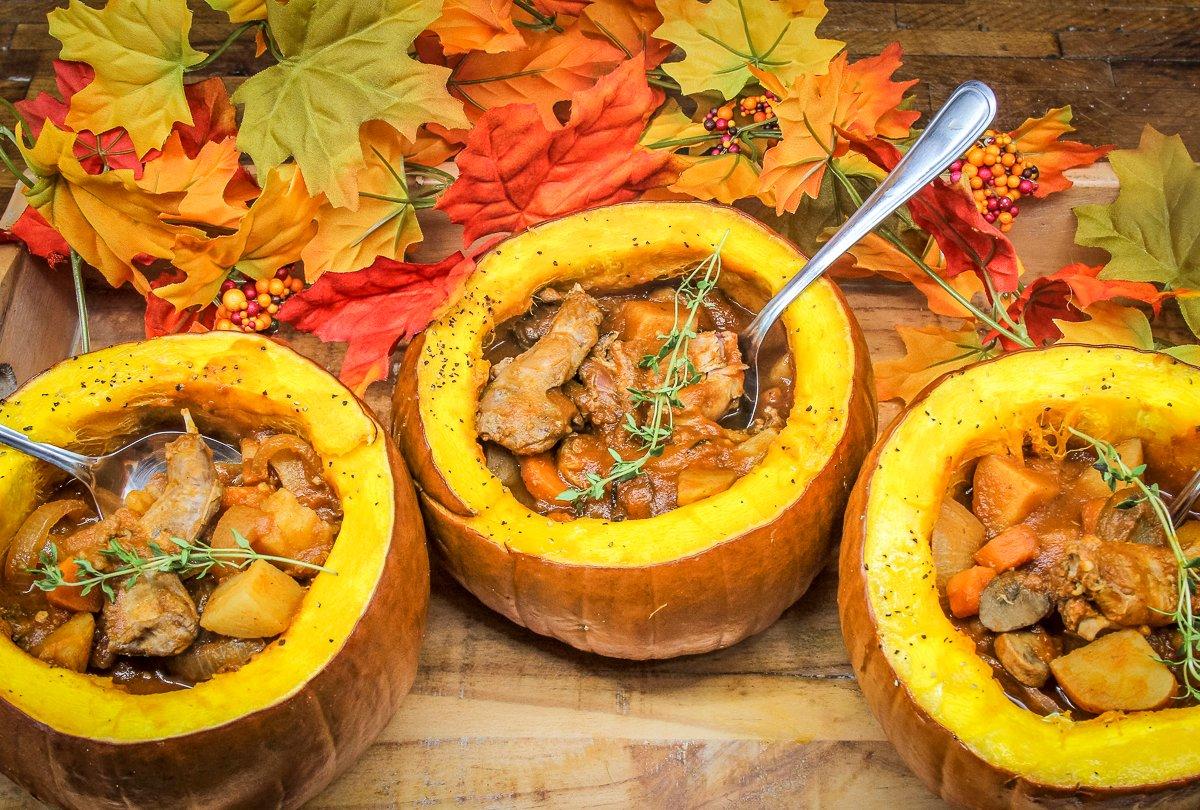 Serving the stew in a roasted pumpkin bowl scores a lot of style points at the table.