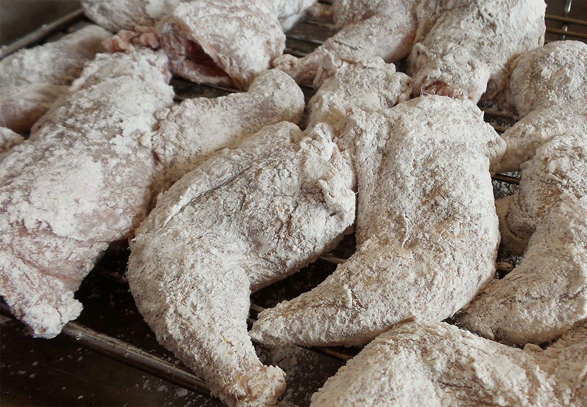 Dusting the squirrel with flour before browning adds flavor and helps to thicken the finished dish.