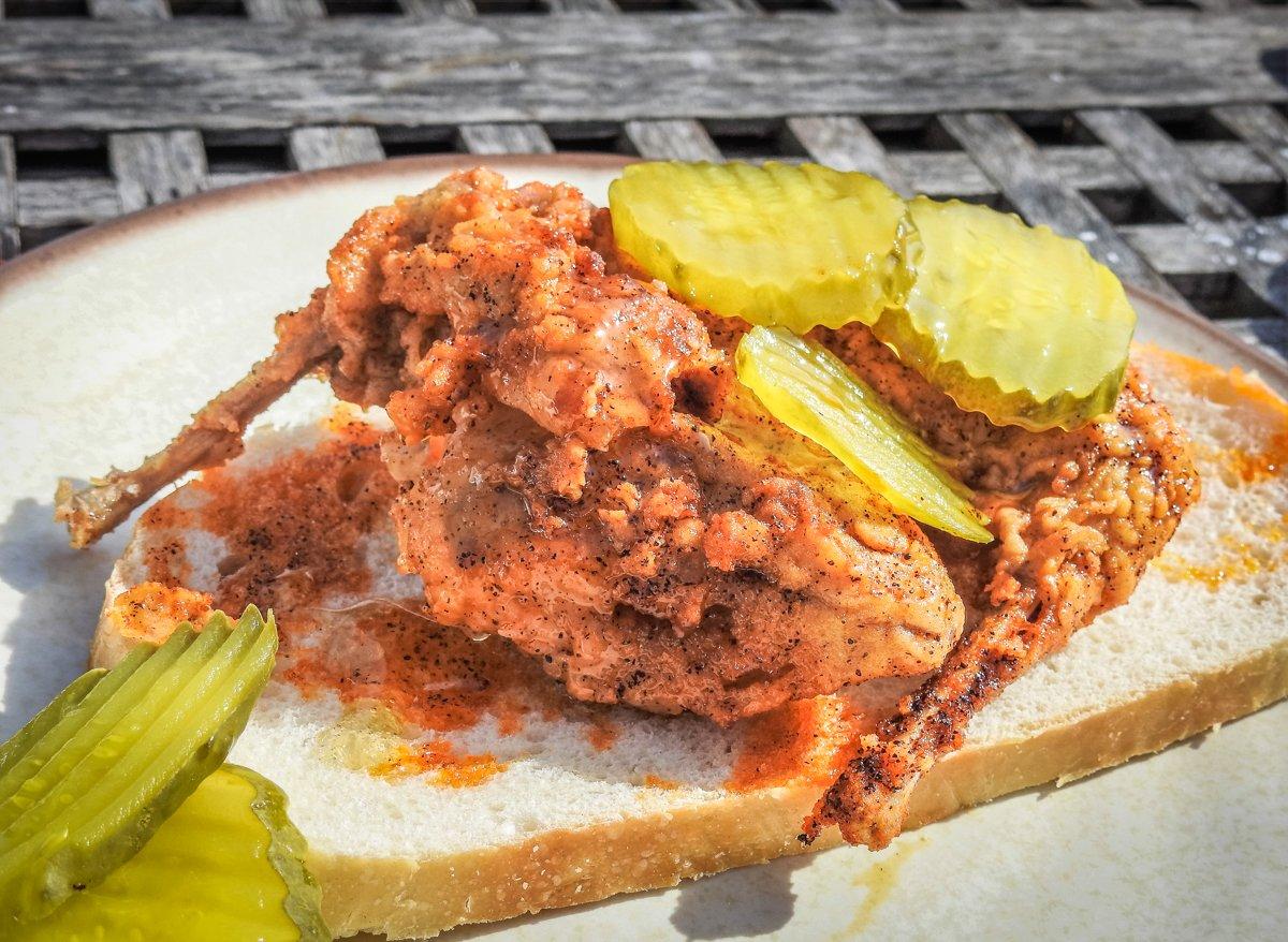 For traditional Nashville style, serve the rabbit on a slice of bread and top with dill pickles.