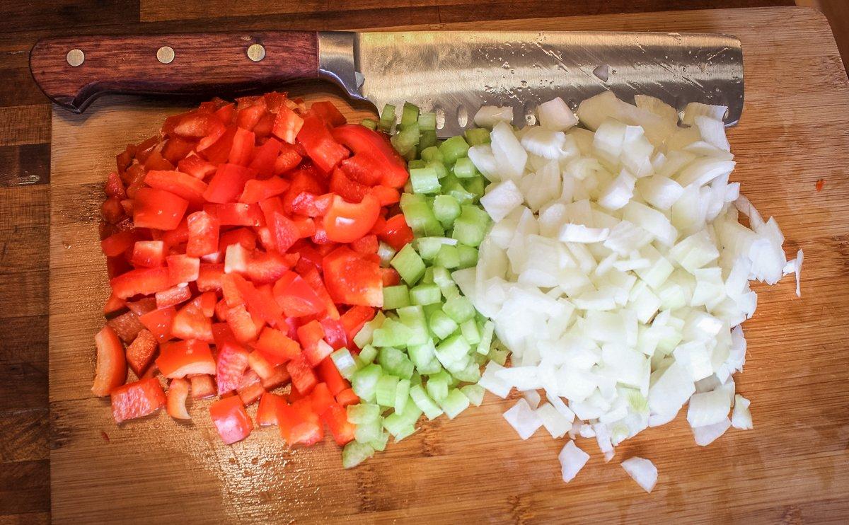 Every good Cajun recipe starts with the trinity of bell pepper, onion, and celery. 