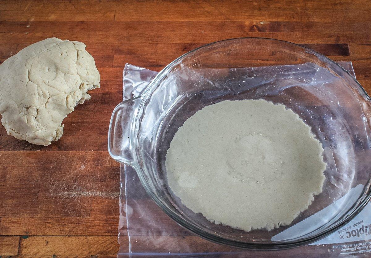 Use a pie dish or skillet to press the dough flat.