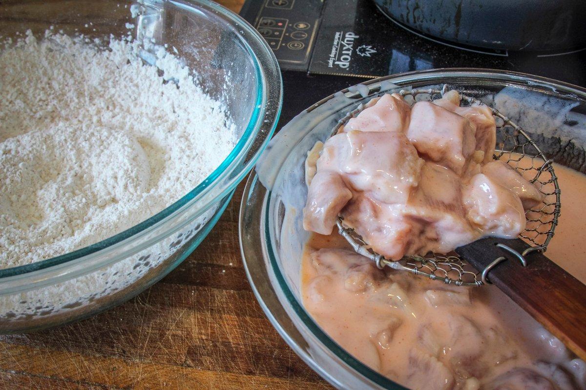 Allow the excess buttermilk to drain before adding the turkey to the flour mixture.