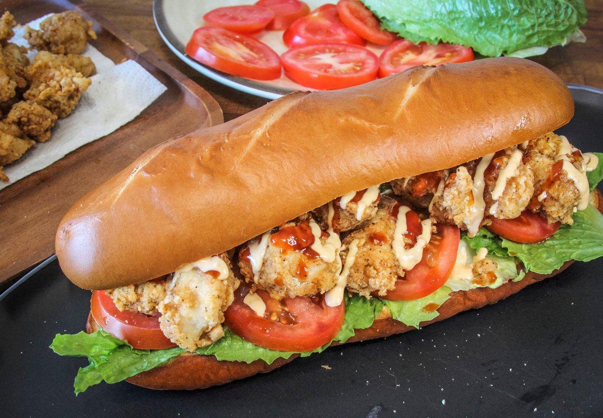 Piled high with crispy fried turkey breast, this is a Po' boy that hunters will love.