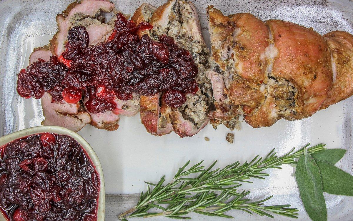 Serve the stuffed wild turkey breast with homemade bourbon cranberry sauce.