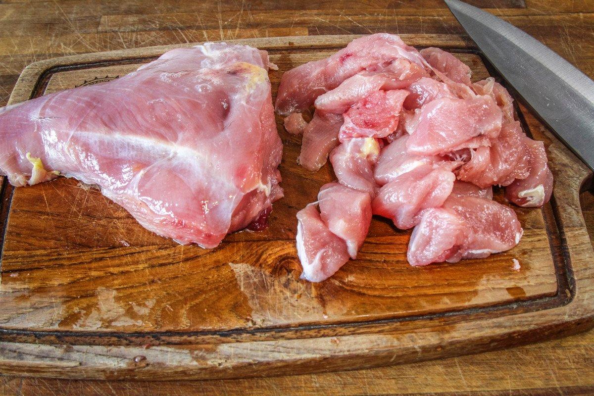 Cut the turkey breast up into bite sized pieces.
