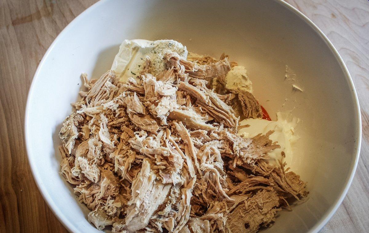 Shred the turkey with a fork, then lightly chop.