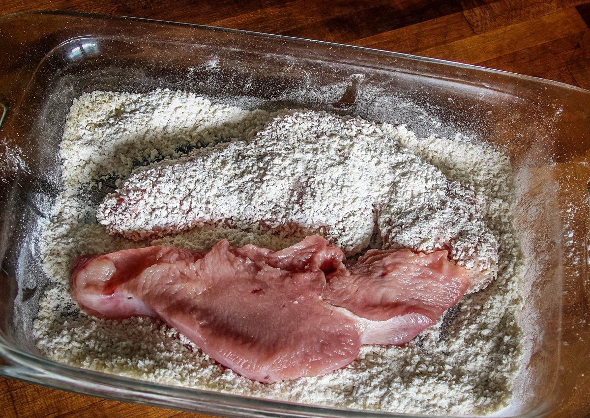 Dredge wild turkey breast cutlets in  a mixture of flour and panko breadcrumbs.