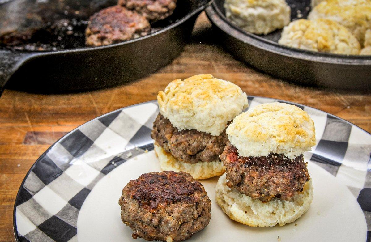 Our favorite way to enjoy wild turkey sausage is stuffed into a homemade biscuit.