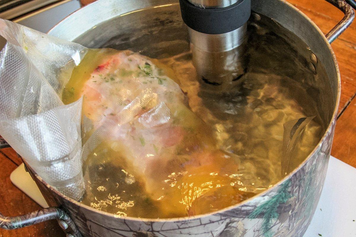 Seal the turkey and duck fat in a bag and sous vide cook.