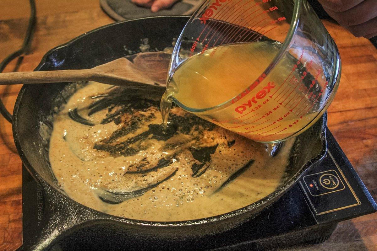 Make gravy in the skillet with flour and the reserved cooking liquid from the sous vide bag.