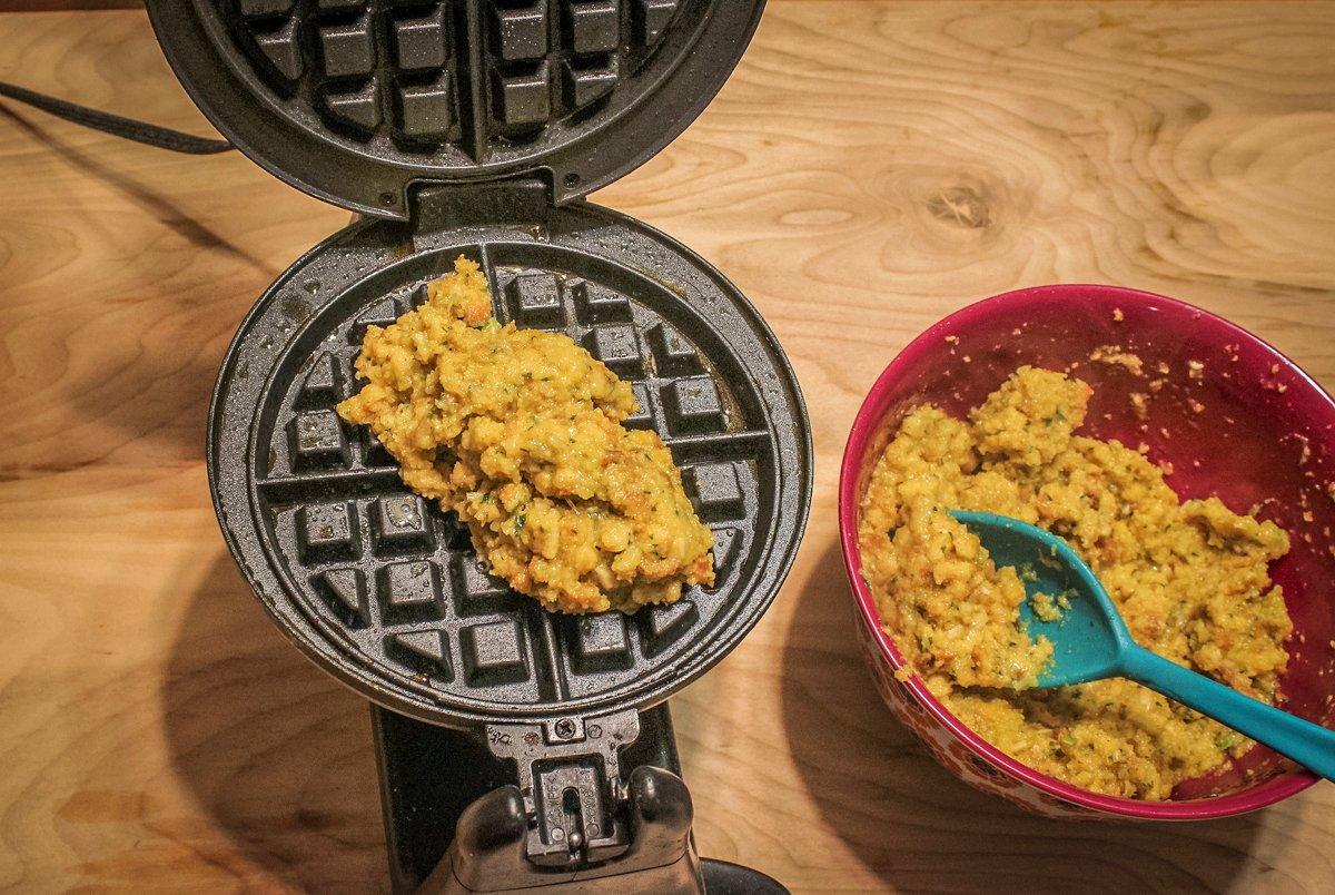 Add enough of the stuffing mixture to fill your waffle maker.