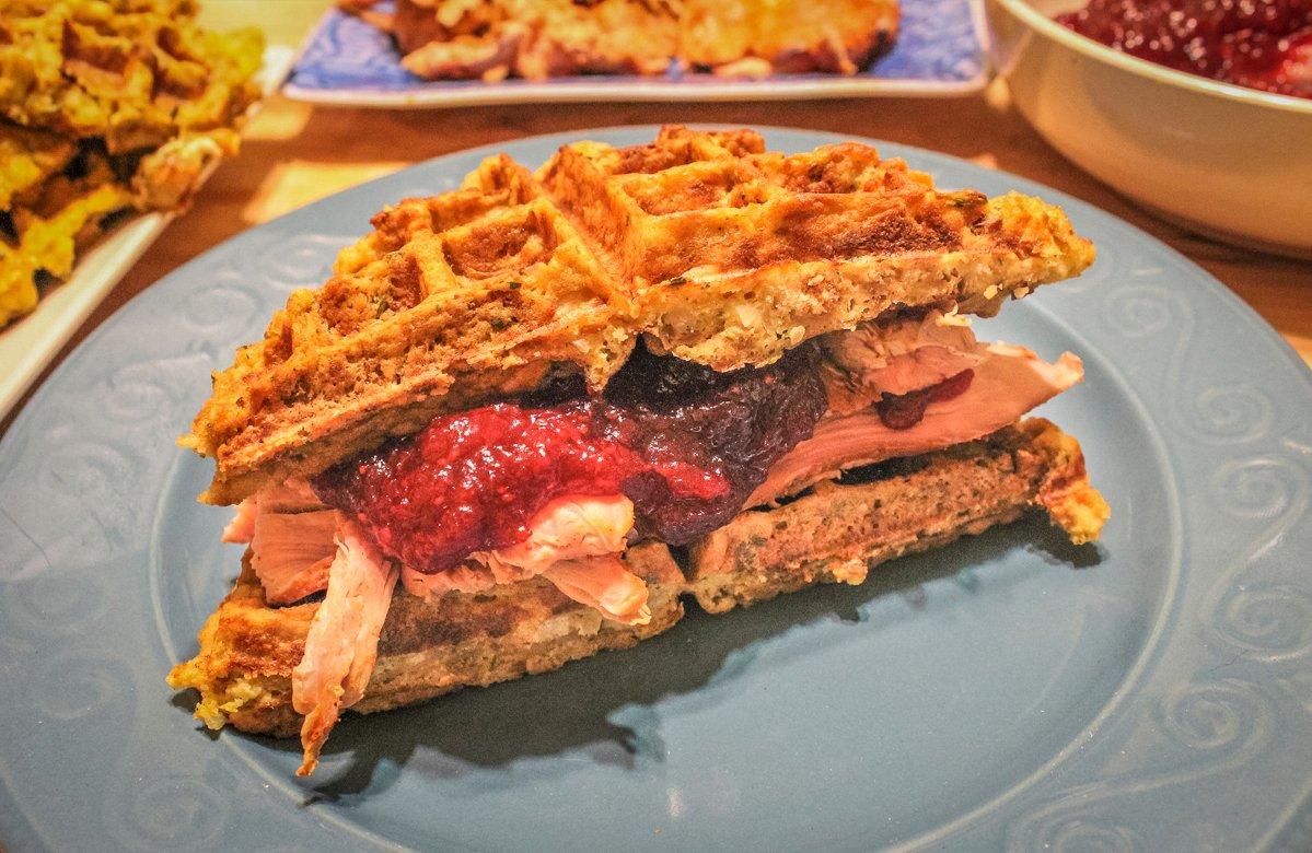 Pile the turkey high on your waffle, spoon on some sauce, and enjoy Thanksgiving in a sandwich.