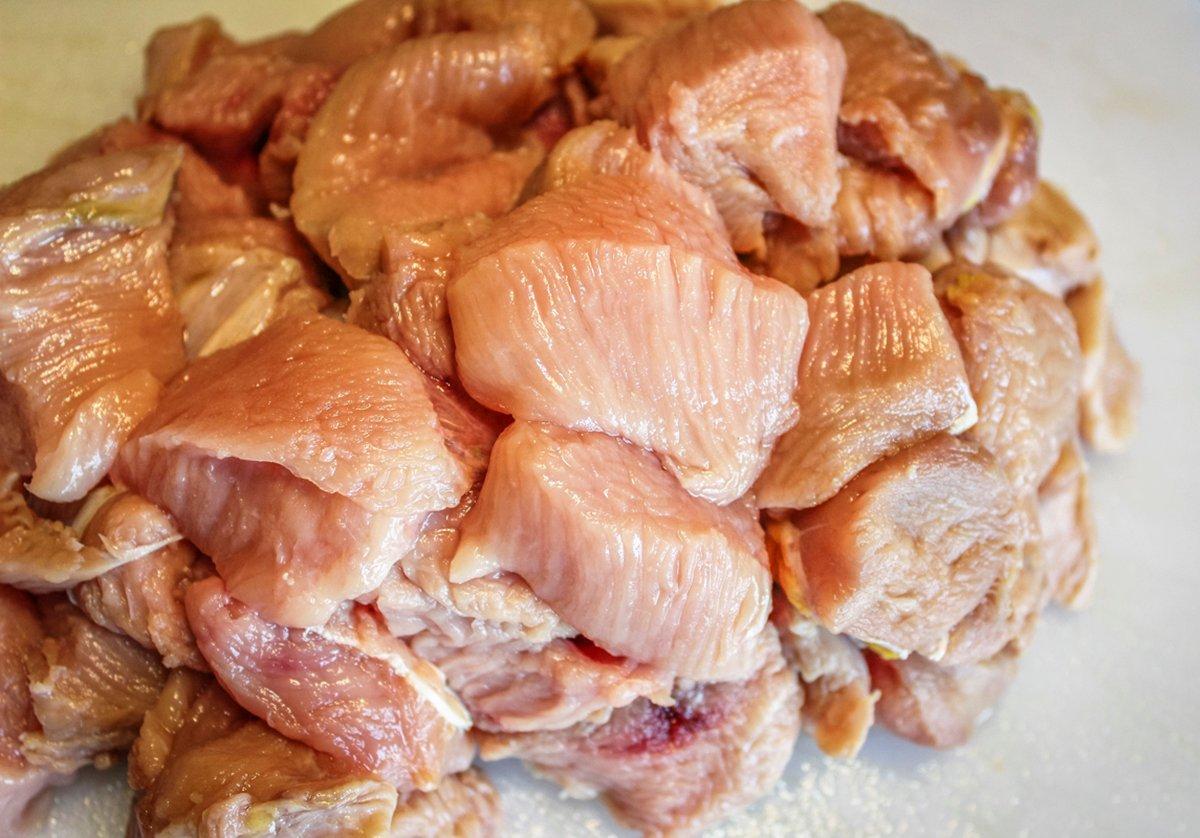 Cut the turkey breast into bite-sized pieces.