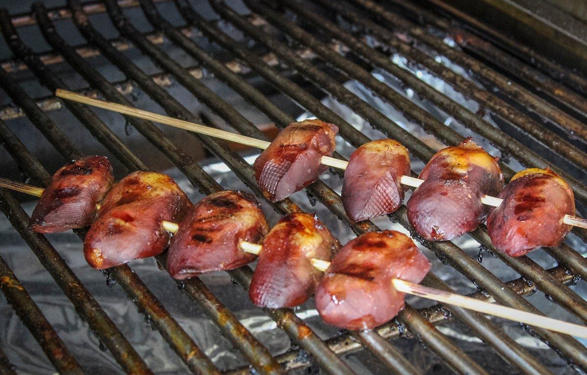 Grill the marinated hearts for 10-15 minutes or until just cooked through.