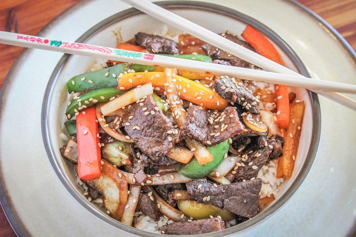 Serve the pepper steak over rice for an entire meal in one bowl.