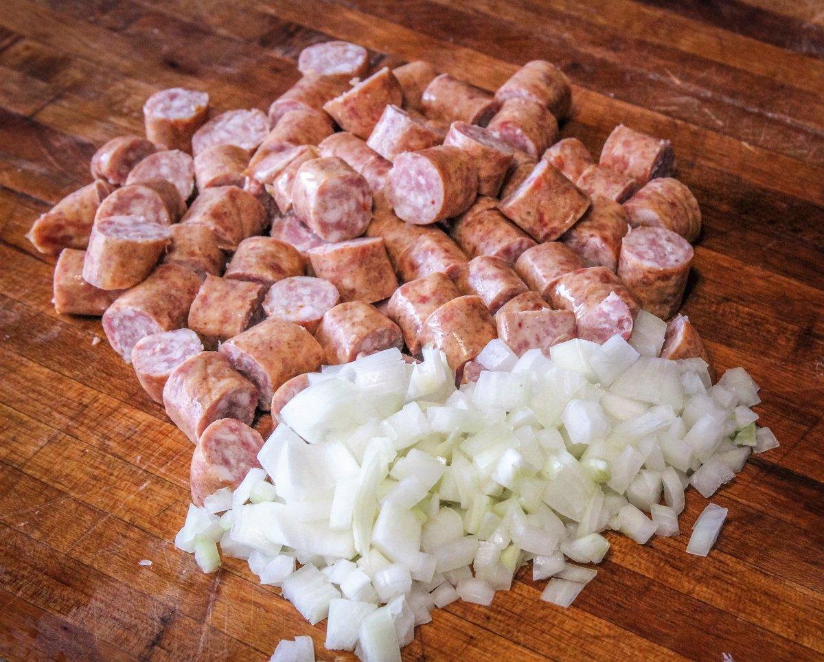 Dice up the sausage and onion. 