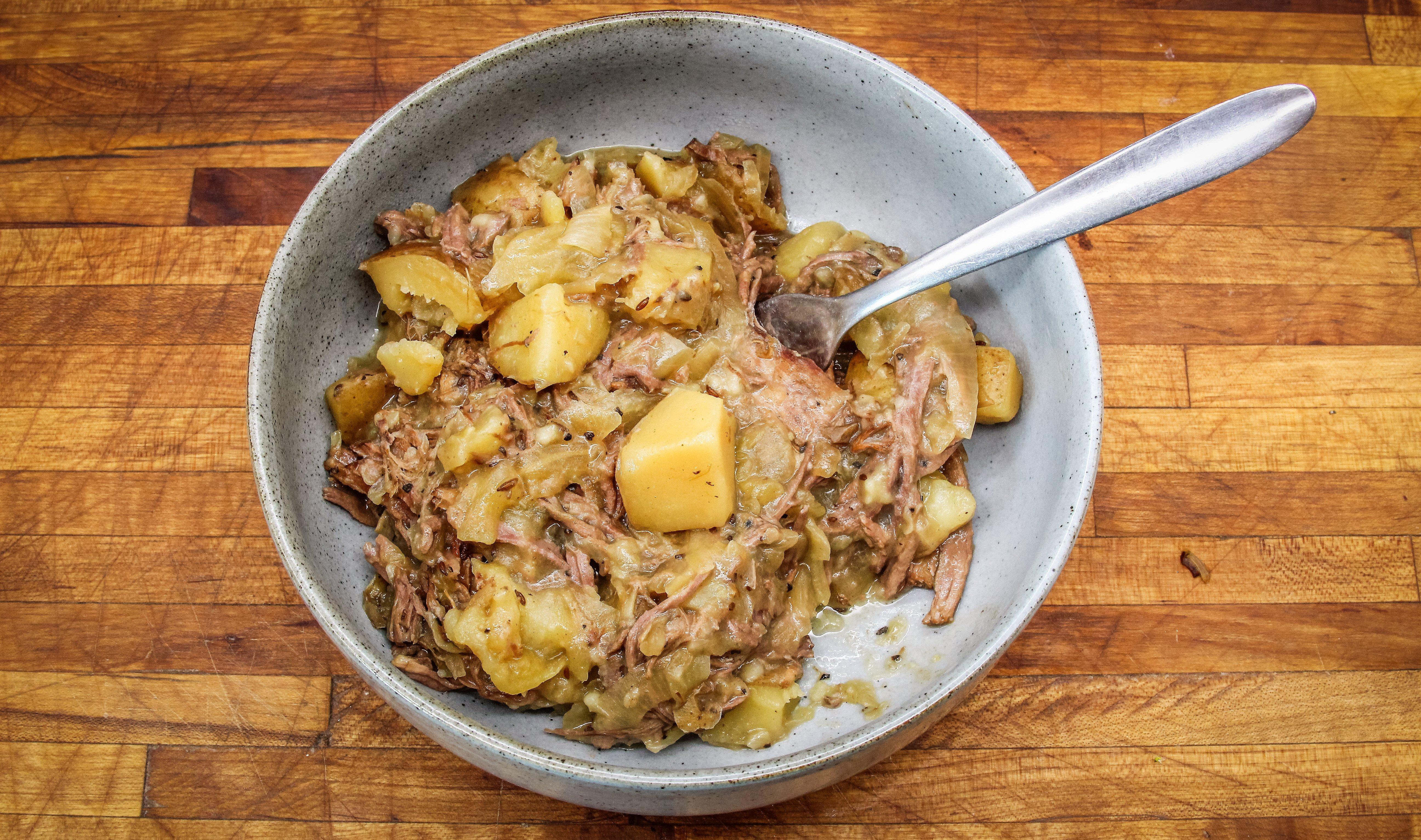 Full of fall-apart tender venison, tart and tangy sauerkraut and hearty potatoes, all in a rich gravy, this is a pot roast everyone will love.