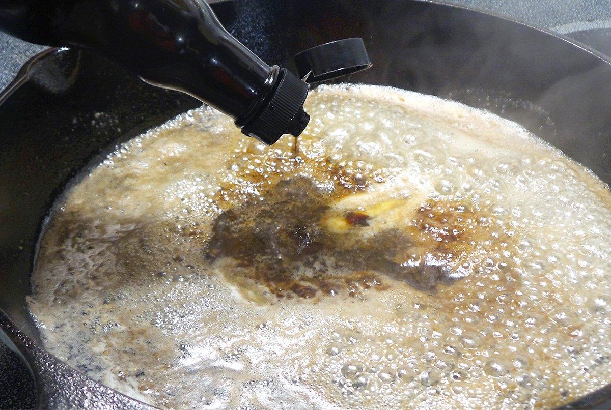 Add the garlic and Worcestershire to the beef broth, then stir in the butter to finish the sauce. 