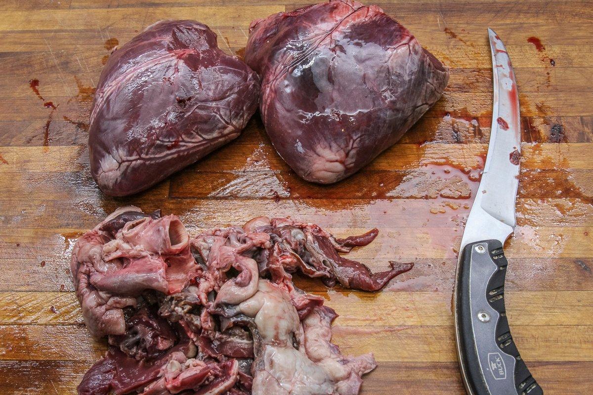 Trim all fat and outer connective tissue from the heart before cooking.