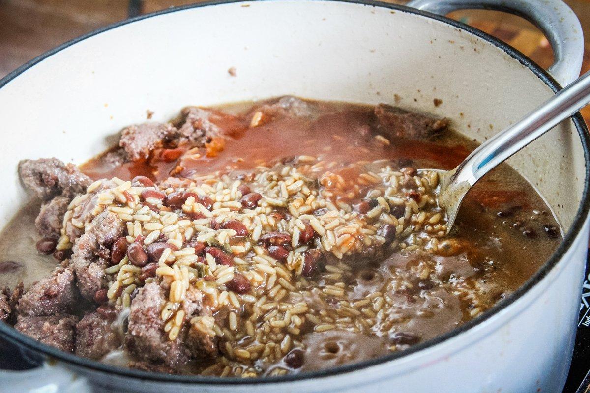 Simmer the red beans and rice and fried venison in the sauce.